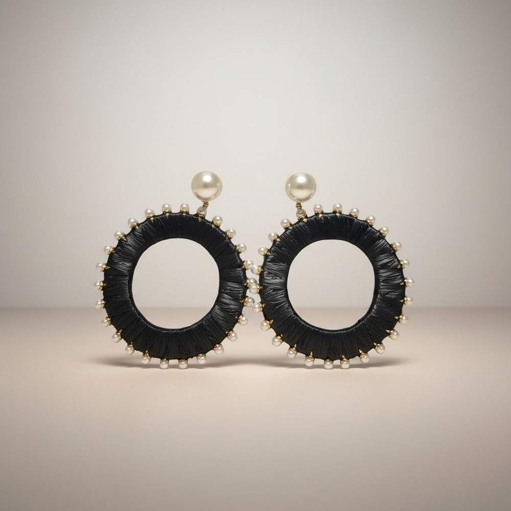 Kate Spade Francesca Raffia Drop Hoop Earrings Black Faux Pearl KC188 New‎